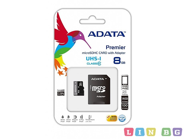 ADATA MicroSDHC 8GB Class 10 UHS-I AUSDH8GUICL10-RA1 Карта памет