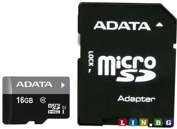 MicroSD ADATA 16GB с SD адаптер AUSDH16GUICL10-RA1