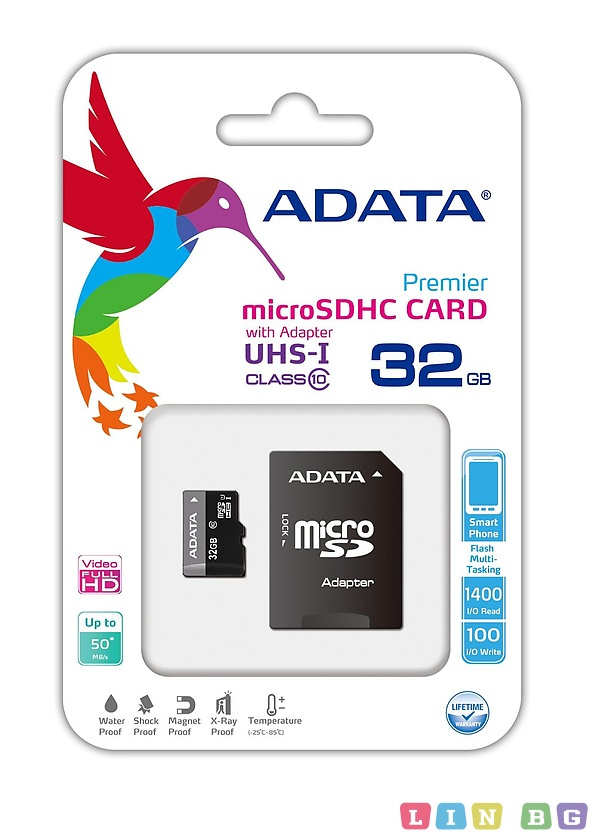 MicroSD ADATA 32GB с SD адаптер AUSDH32GUICL10-RA1
