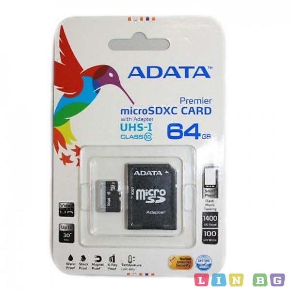 MicroSD ADATA 64GB с SD адаптер AUSDX64GUICL10-RA1