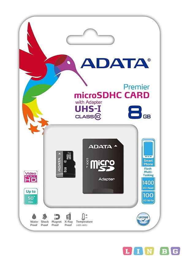 MicroSD ADATA 8GB с SD адаптер AUSDH8GUICL10-RA1