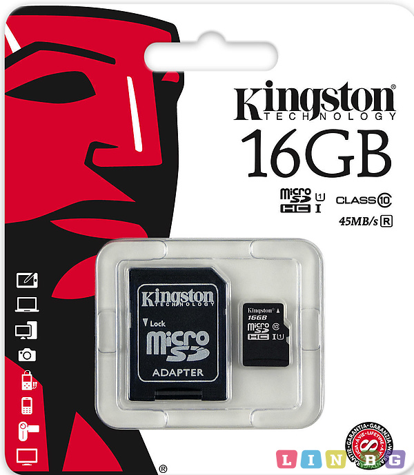 MicroSD Kingston 16GB с SD адаптер SDC10G216GB