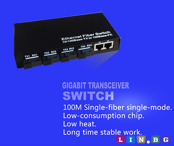 Optical Fiber Switch 4бр VLAN порта 2бр rj45 порта 100mbit single fiber