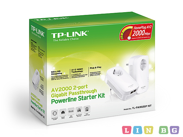 TP-Link TL-PA9020PKIT AV2000 2-Port Gigabit Passthrough Powerline Starter Kit Адаптер за мрежа